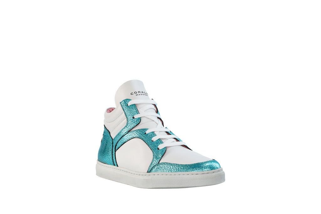 Baskets montantes Maria cuir blanc et turquoise métallisé - Coralie Masson créatrice française de chaussures 