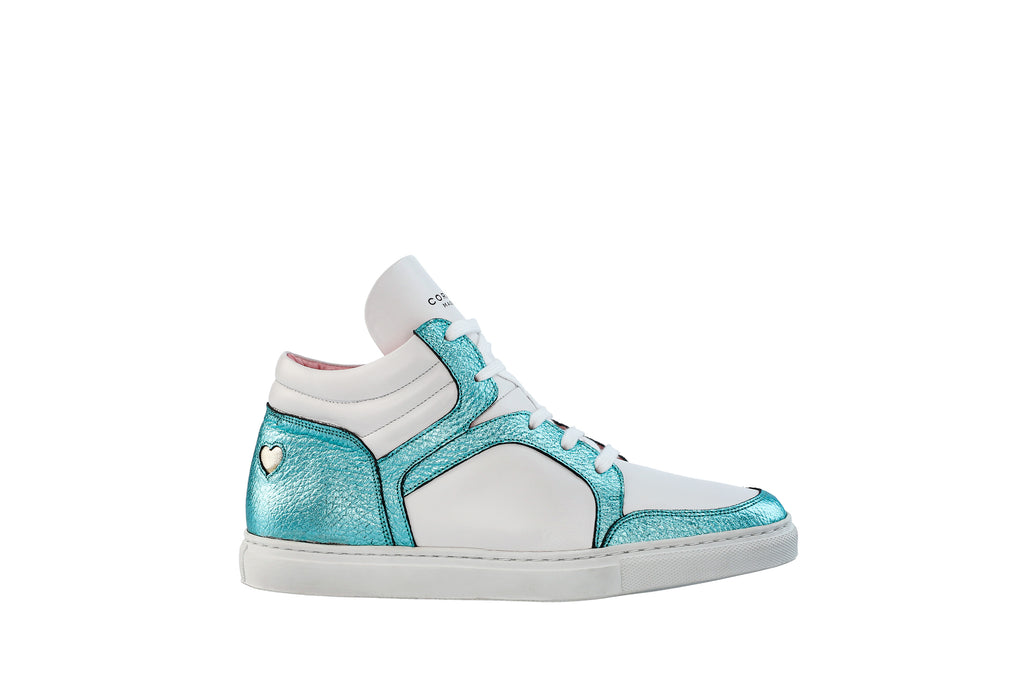 Baskets montantes Maria cuir blanc et turquoise métallisé - Coralie Masson créatrice française de chaussures 