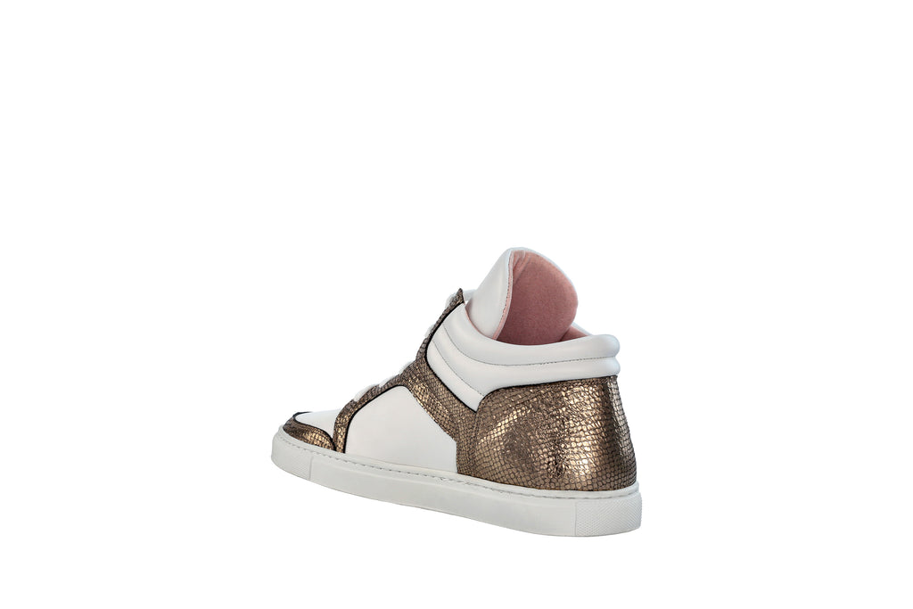 Baskets montantes Maria cuir blanc et doré - Coralie Masson créatrice française de chaussures 