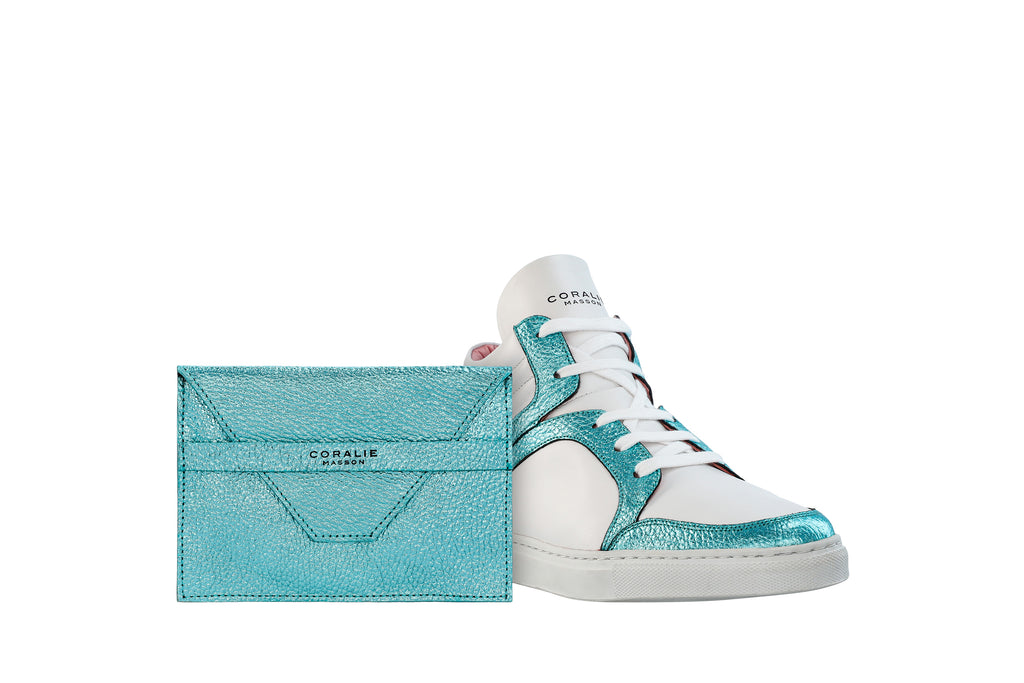 Baskets montantes Maria cuir blanc et turquoise métallisé - Coralie Masson créatrice française de chaussures 