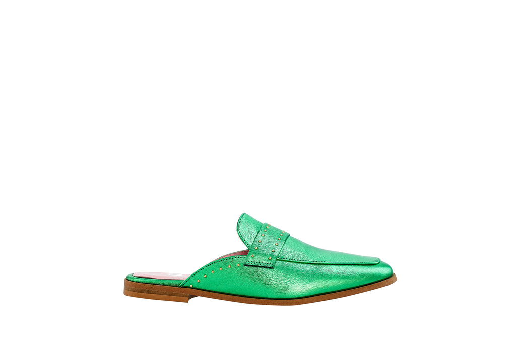 Mules Lucifer en cuir vert métallisé - Coralie Masson créatrice française de chaussures 